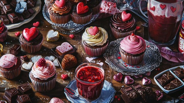 An artistic portrayal of a table filled with Valentine's Day-themed food, including cupcakes and chocolates