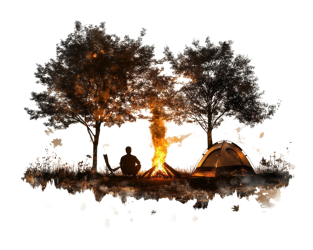 Camping scene with a campfire, tent, and trees in a serene outdoor setting.