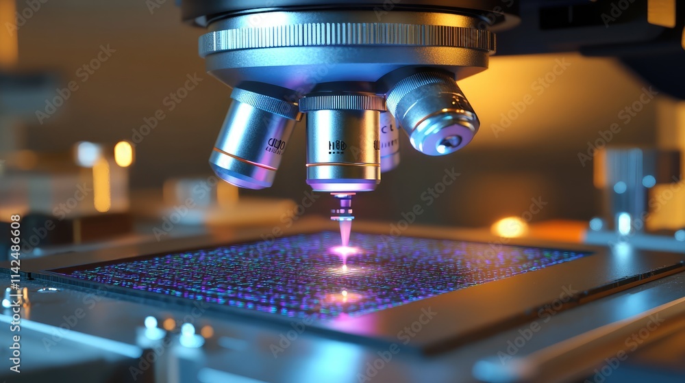 Poster a conceptual depiction of a microchip under a microscope, with holographic data annotations projecte