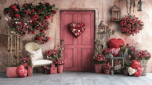 An artistic portrayal of a Valentine's Day-themed entryway, complete with flowers and festive touches