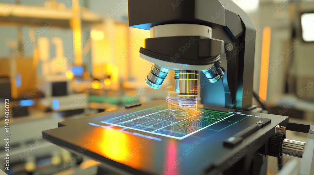 Poster a conceptual depiction of a microchip under a microscope, with holographic data annotations projecte
