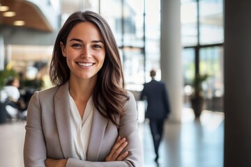 Obraz premium Smiling confident business woman standing with arms folded in a modern bright office.
