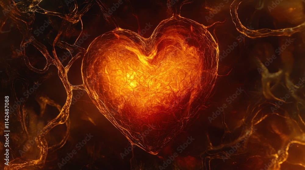 Poster a pulsating heart glowing in the center of an abstract background of warm hues and intricate light p