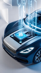 Futuristic Digital Car Hologram with Blue Neon Glow in Dark High-Tech Environment, Showing Electronic Vehicle Technology and Innovation