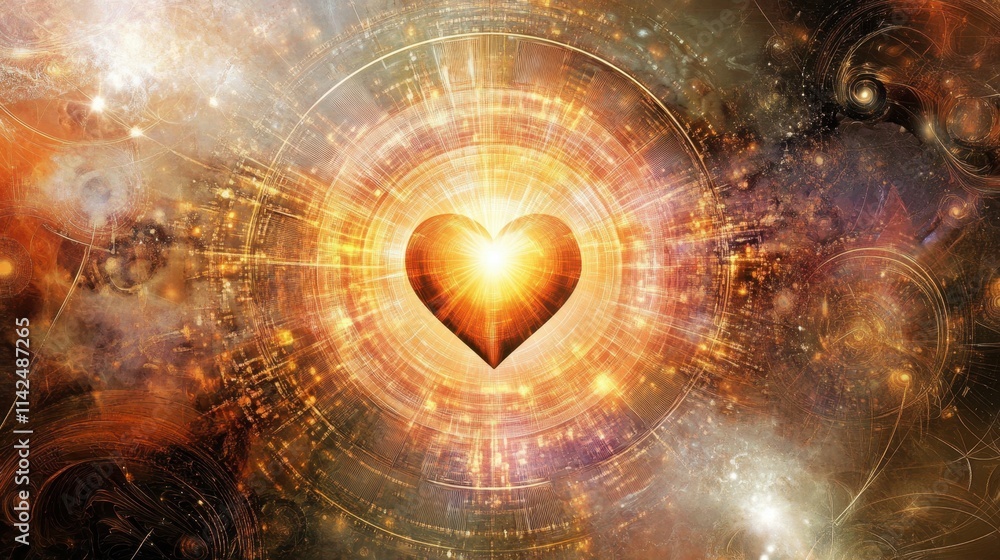 Poster a pulsating heart glowing in the center of an abstract background of warm hues and intricate light p