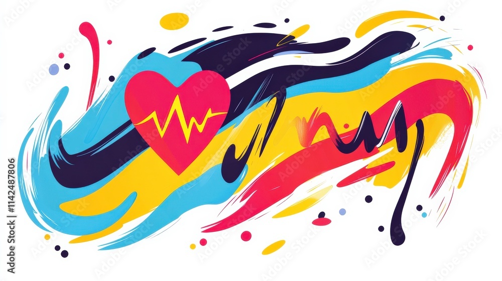 Poster vibrant abstract illustration featuring heartbeat symbol in a dynamic flow of colors representing he