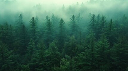 Fototapeta premium Misty Green Coniferous Forest Aerial View Natures Serenity