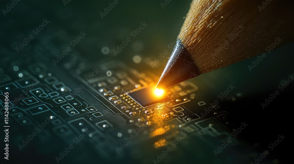 Poster a conceptual image of a pencil tip holding a tiny microchip, illuminated by a single focused light f