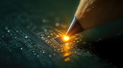 A conceptual image of a pencil tip holding a tiny microchip, illuminated by a single focused light for dramatic effect