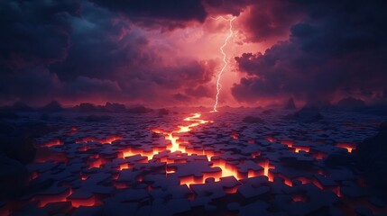 Surreal Jigsaw Landscape with Glowing Path Towards Powerful Lightning Bolt