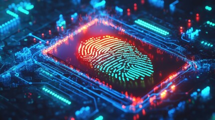 A conceptual biometric microchip surrounded by holographic fingerprint and DNA data, glowing in vibrant hues of blue and green