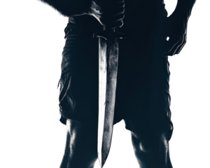 A person holding a sword, poised and ready, dramatic lighting, isolated on black background.