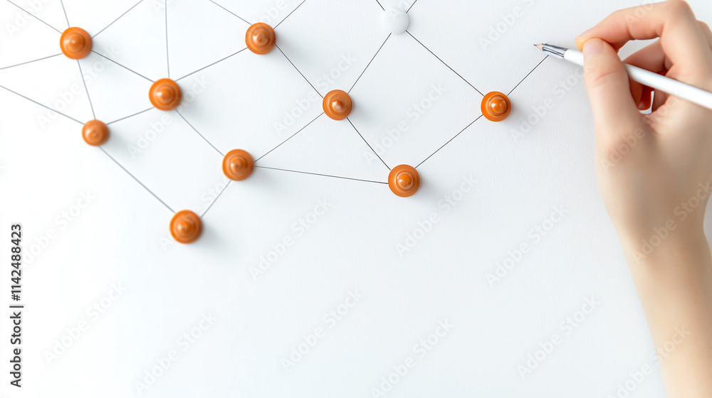 Poster creating visual representation of network with orange pins and hand holding pen