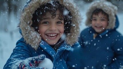 Two Siblings playing in Outdoor on a Cold Day, Highlighting Warmth, Family Bonding, and Childhood Joy in Winter