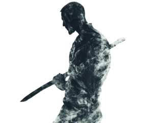 Silhouette of a warrior holding a sword, white isolated background.