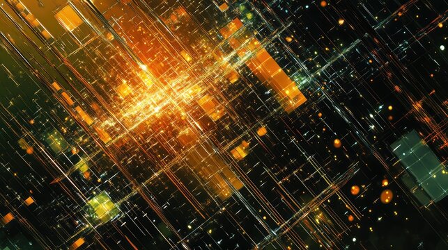 A conceptual image of a quantum microchip layout, with quantum pathways and qubits interacting in a digital grid pattern