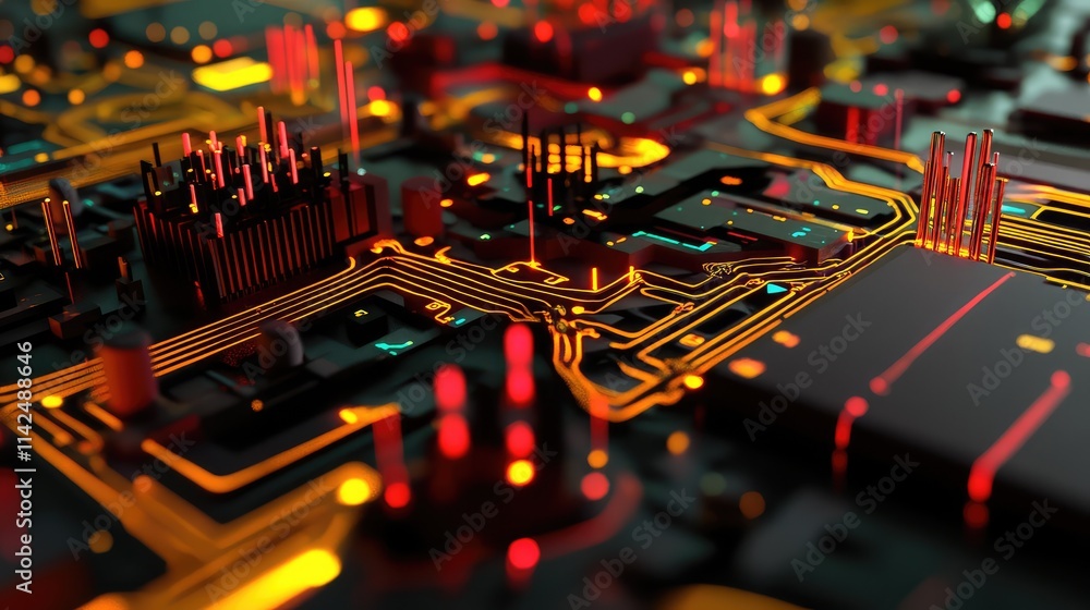 Poster a conceptual image of a quantum microchip layout, with quantum pathways and qubits interacting in a 