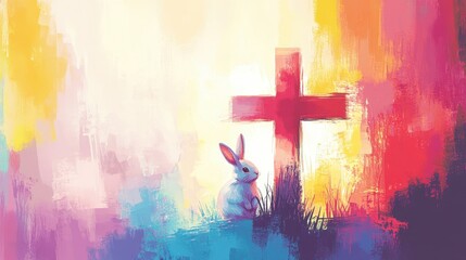 A radiant Easter cross with a bunny sitting nearby on a colorful pastel abstract background with plenty of text-friendly space.