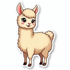 Adorable cartoon alpaca, fluffy and cute, perfect for kids' designs or whimsical illustrations. This charming creature boasts soft, light beige fur and expressive eyes