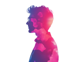Profile silhouette with colorful cloud effects representing thoughts and emotions.