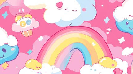 A whimsical, colorful illustration featuring clouds and a rainbow.