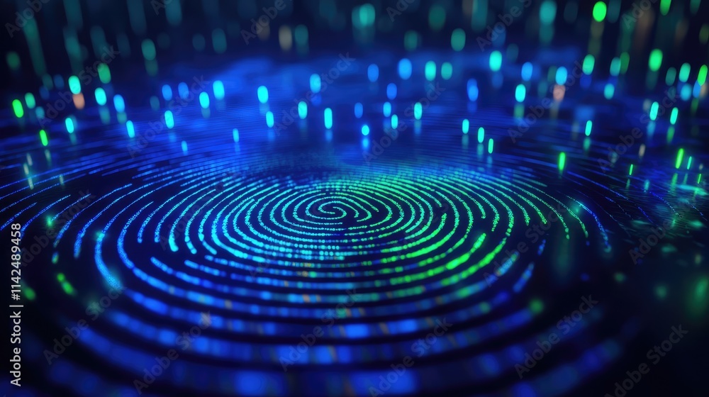Poster a conceptual microchip designed for biometrics, with holographic fingerprint patterns radiating outw