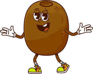 Cartoon funny groovy kiwi fruit character with funky hippie vibe. Isolated vector expressive and cheerful exotic tropical fruit retro comic personage capture a playful and whimsical essence of 60s era