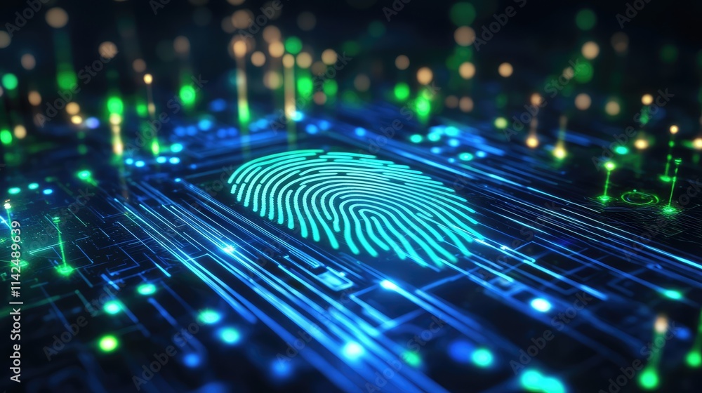 Poster a conceptual microchip designed for biometrics, with holographic fingerprint patterns radiating outw