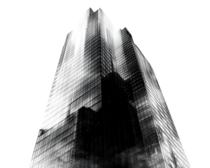 High-rise building with reflective glass and dramatic angles, isolated on white.