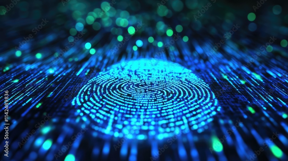 Poster a conceptual microchip designed for biometrics, with holographic fingerprint patterns radiating outw