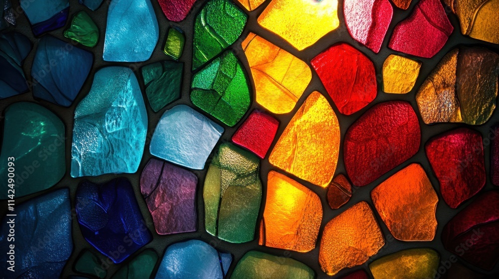 Poster a radiant multicolored mosaic glass background with intricate patterns and realistic light effects, 