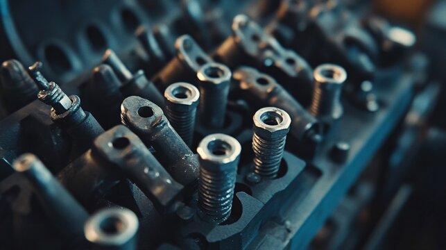 Close-up of valve guides and valves showing engine damage