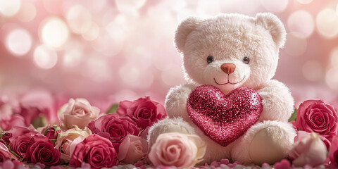 Cute bear with heart and roses