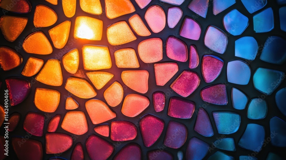 Poster a radiant multicolored mosaic glass background with intricate patterns and realistic light effects, 