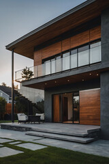 Obraz premium Modern Residence with Wood and Glass Exterior