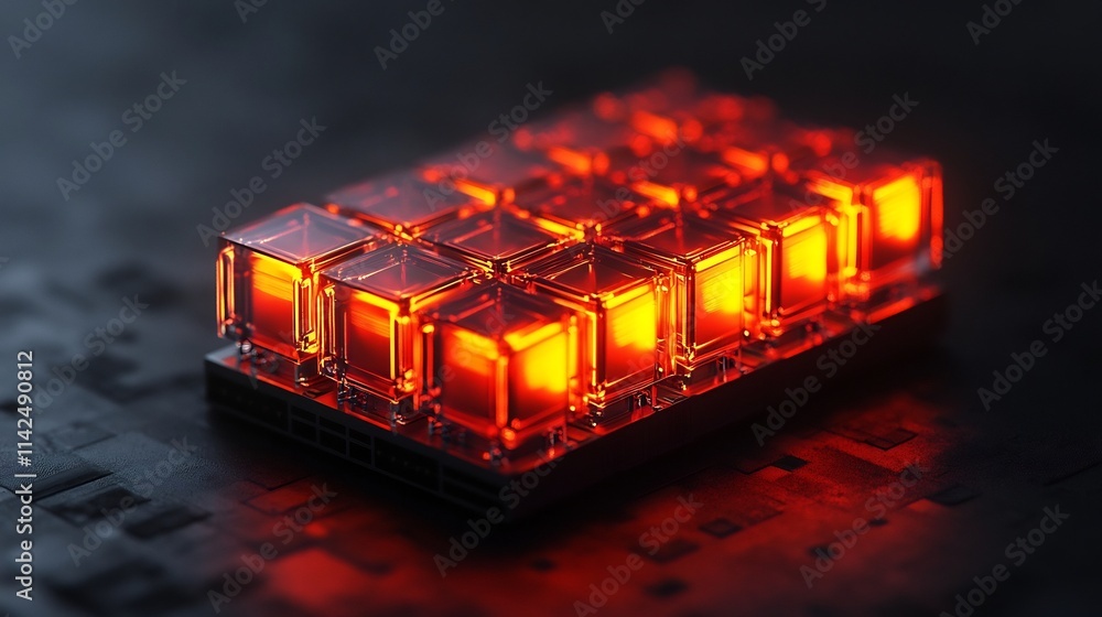 Poster futuristic glowing quantum computing chip on dark tech-themed background