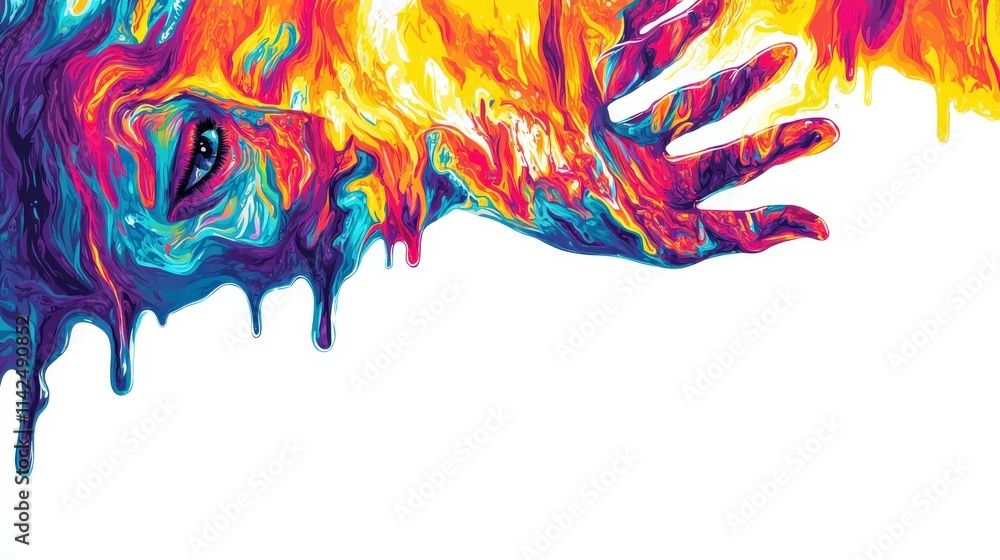 Aufkleber vibrant abstract portrait with dripping colors and expressive hand gesture emphasizing emotion and c