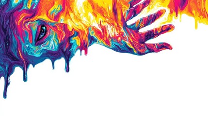 Naklejka premium Vibrant Abstract Portrait with Dripping Colors and Expressive Hand Gesture Emphasizing Emotion and Creativity in Artistic Expression