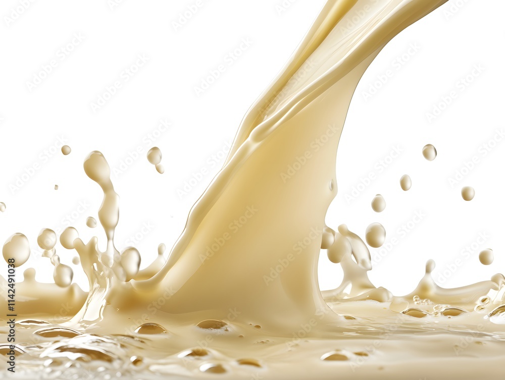 Poster high-quality close-up of creamy liquid splashing and droplets flying in an artistic style against a 