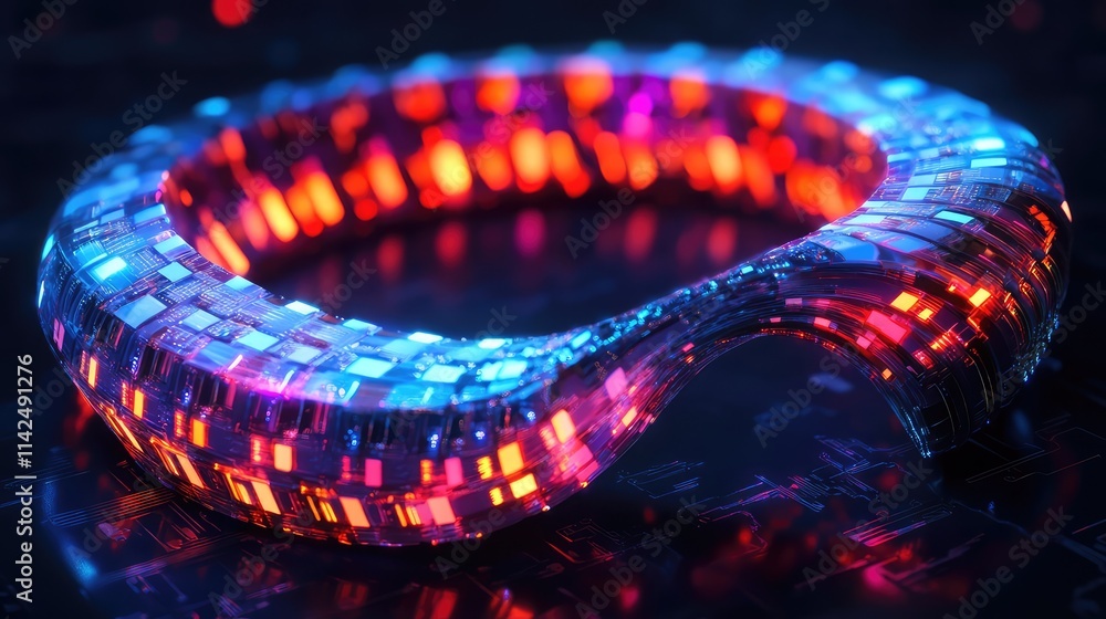 Poster a conceptual rendering of a flexible microchip curved into a spiral, glowing with vibrant neon circu