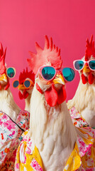 Chickens in bright shirts and sunglasses having an easter celebration against a vibrant pink backdrop