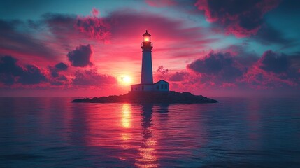 Fototapeta premium Lighthouse at sunset reflecting on calm waters.