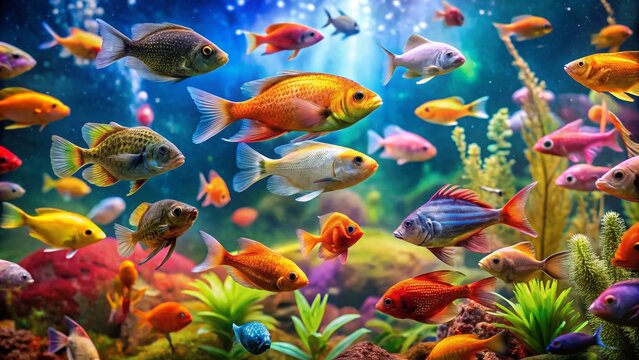 Colorful Freshwater Aquarium Fish, Bokeh Background, Vivid Colors, Underwater Scene, Aquatic Life Photography