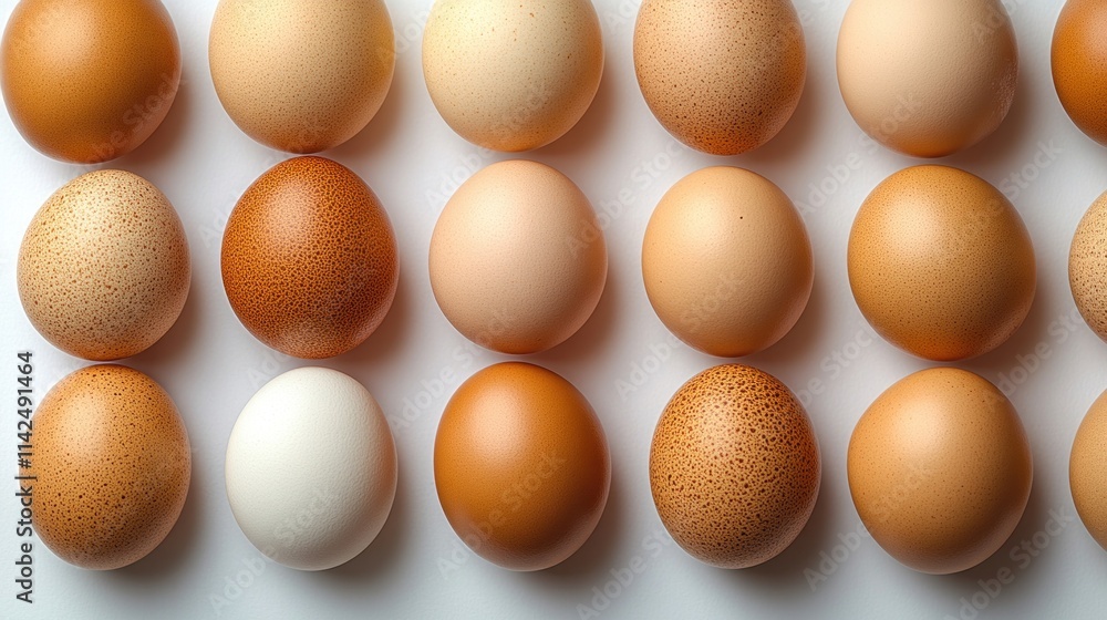 Poster a row of various eggs in different shades and textures arranged neatly.
