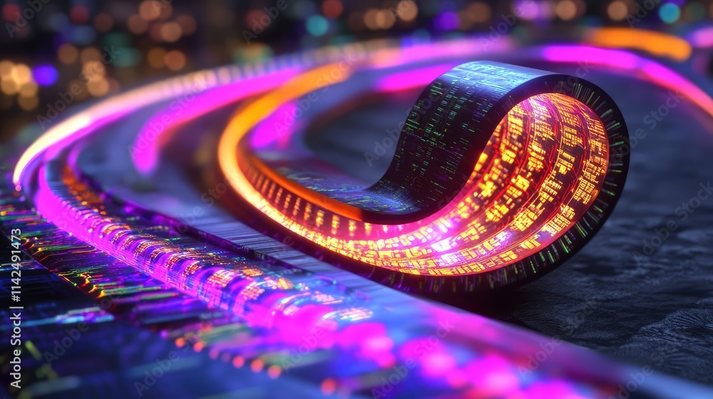 Poster a conceptual rendering of a flexible microchip curved into a spiral, glowing with vibrant neon circu