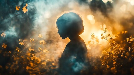 Naklejka premium Child Silhouette In Golden Hour Forest Haze