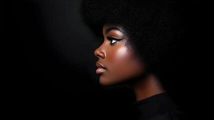 Profile View of a Woman with an Afro, Dark Background, Fashion Illustration