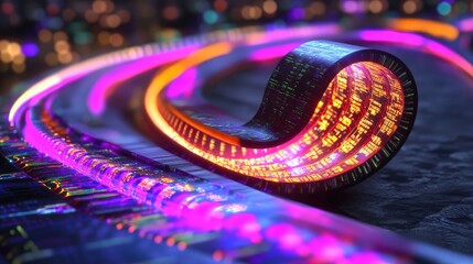 Fototapeta premium A conceptual rendering of a flexible microchip curved into a spiral, glowing with vibrant neon circuitry