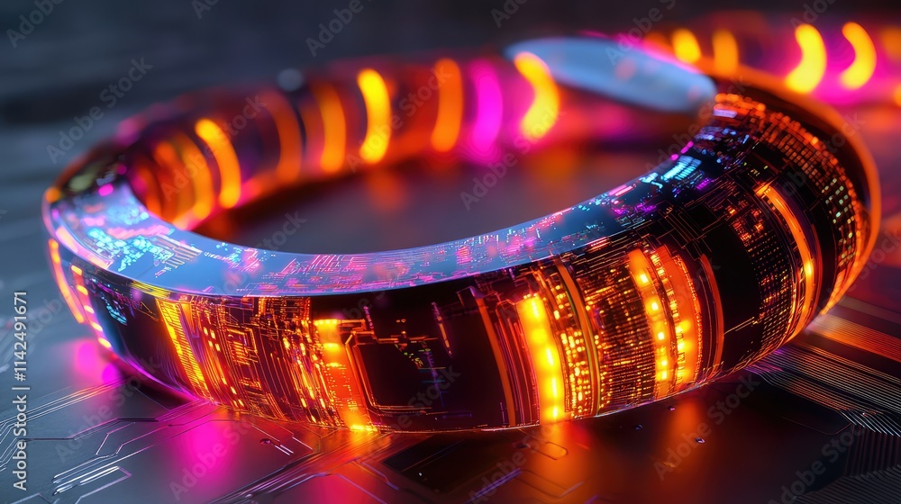 Poster a conceptual rendering of a flexible microchip curved into a spiral, glowing with vibrant neon circu