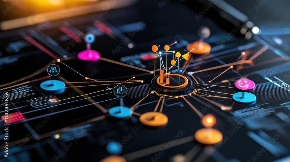 Poster futuristic network visualization representing data analytics and digital connectivity
